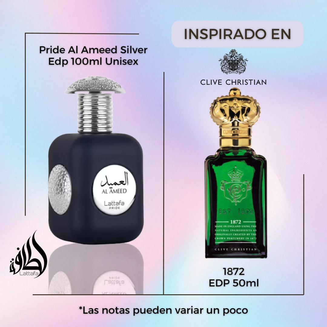 Pride Al Ameed Silver 100Ml Edp Unisex Lattafa Perfume- Inspirado en 1872 For Men Clive Christian