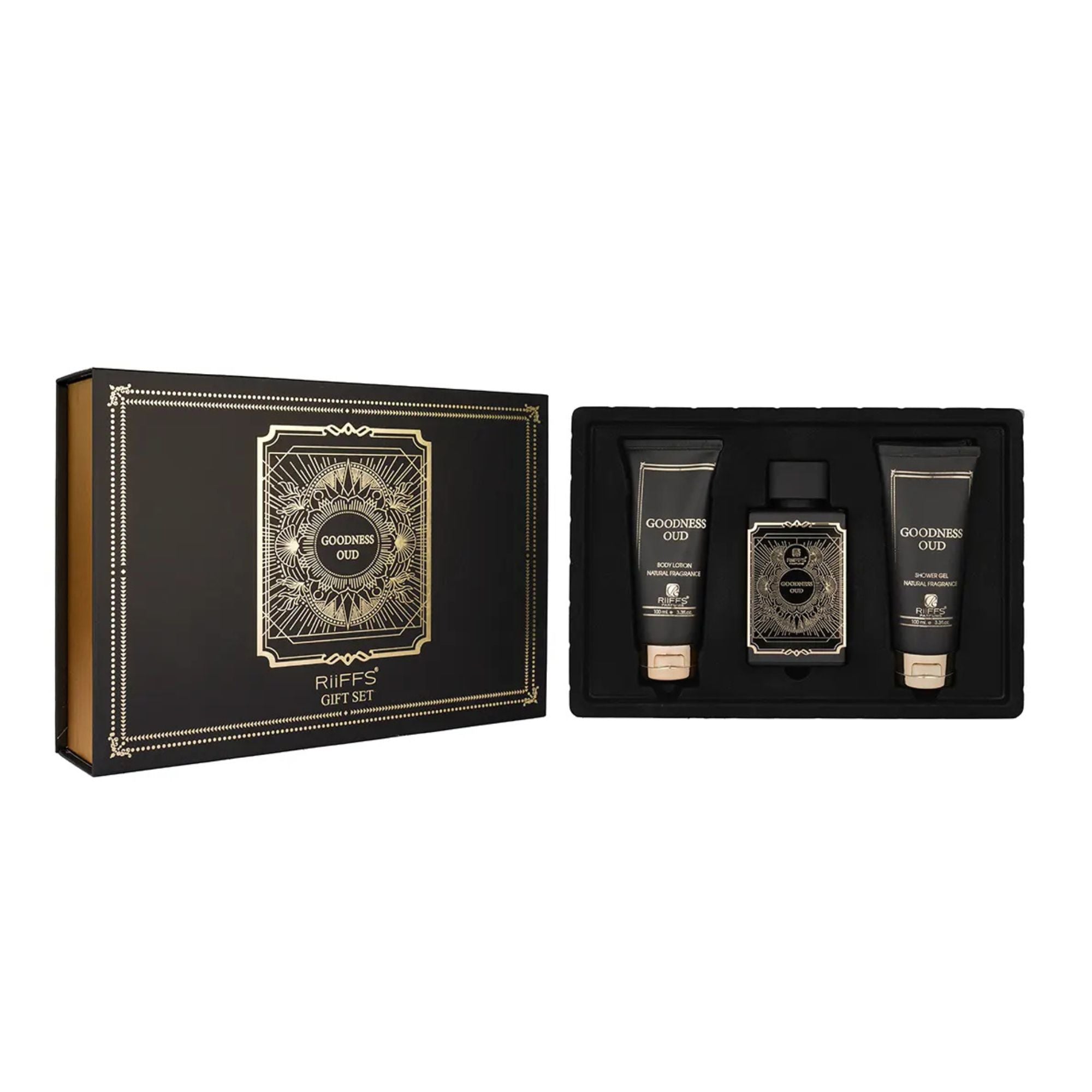 Estuche Goodness Oud Riiffs Parfum 100 ML +S/G 100ML +B/L 100ML Unisex