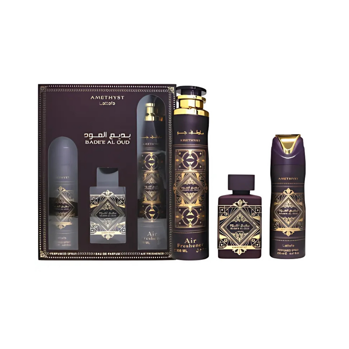 Estuche Badee Al Oud Amethyst Lattafa Edp 100ML+200ML Perfume Spray + 300ML Air Freshener Unisex
