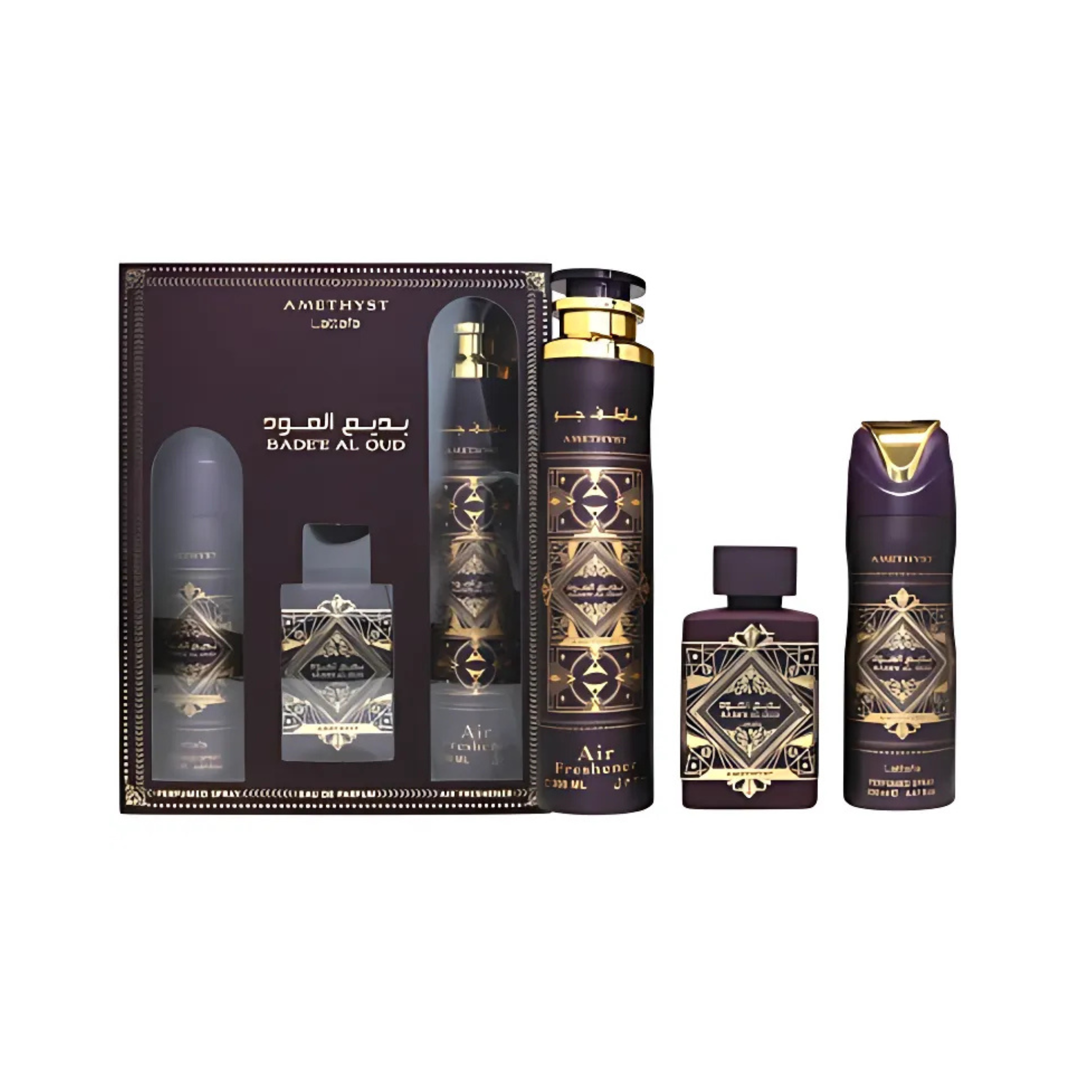 Estuche Badee Al Oud Amethyst  Lattafa Edp 100ML+200ML Perfume Spray + 300ML Air Freshener Unisex