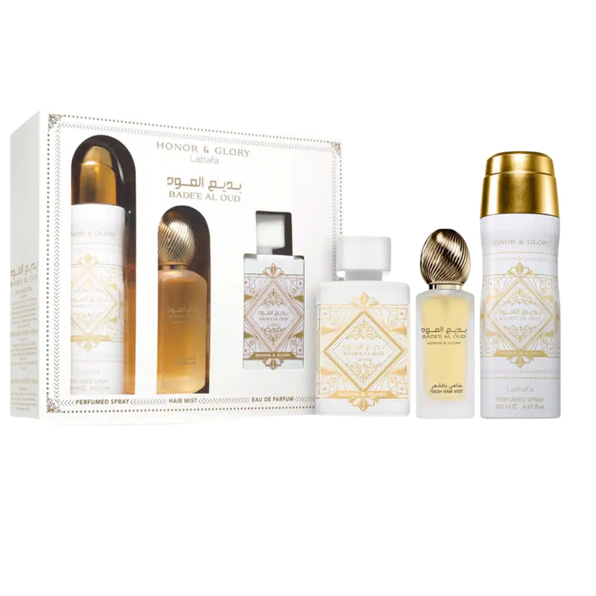 Estuche Badee Al Oud Honor & Glory Lattafa 100ML+200ML Perfume Spray + 50ML Hair Mist Unisex