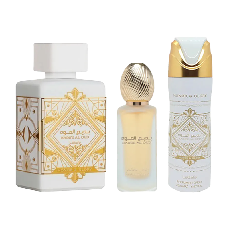 Estuche Badee Al Oud Honor & Glory Lattafa 100ML+200ML Perfume Spray + 50ML Hair Mist Unisex