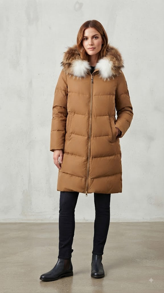 Parka Larga Acolchada Coco Tostado para Mujer con Capucha y Pelo Sintético 0999