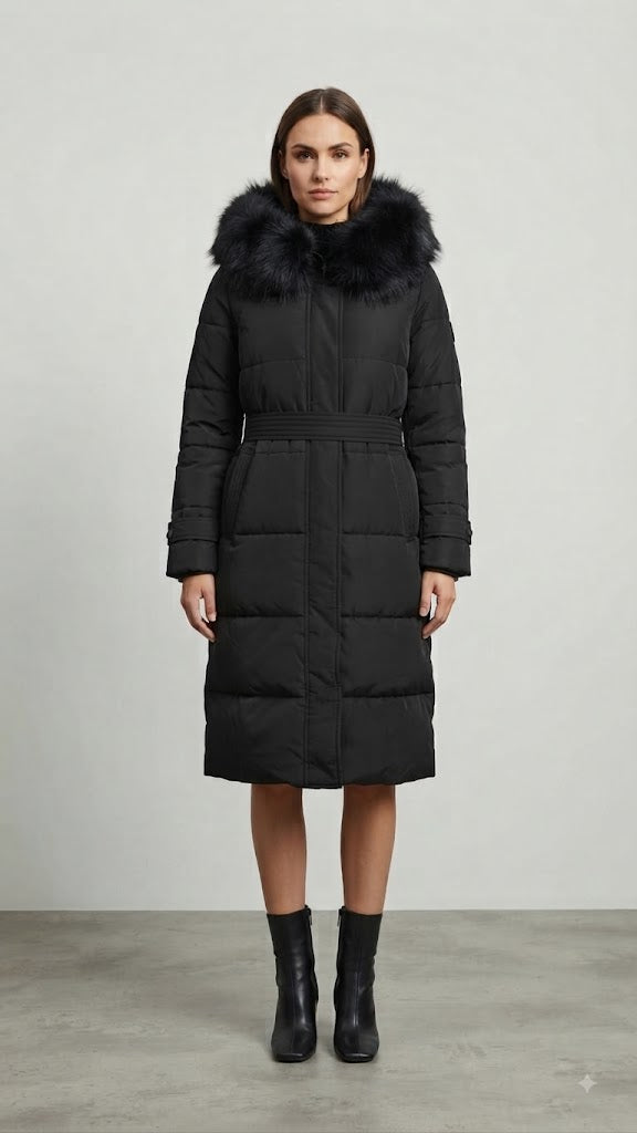 Parka Larga Acolchada Negra para Mujer con Capucha y Pelo Sintético 8200