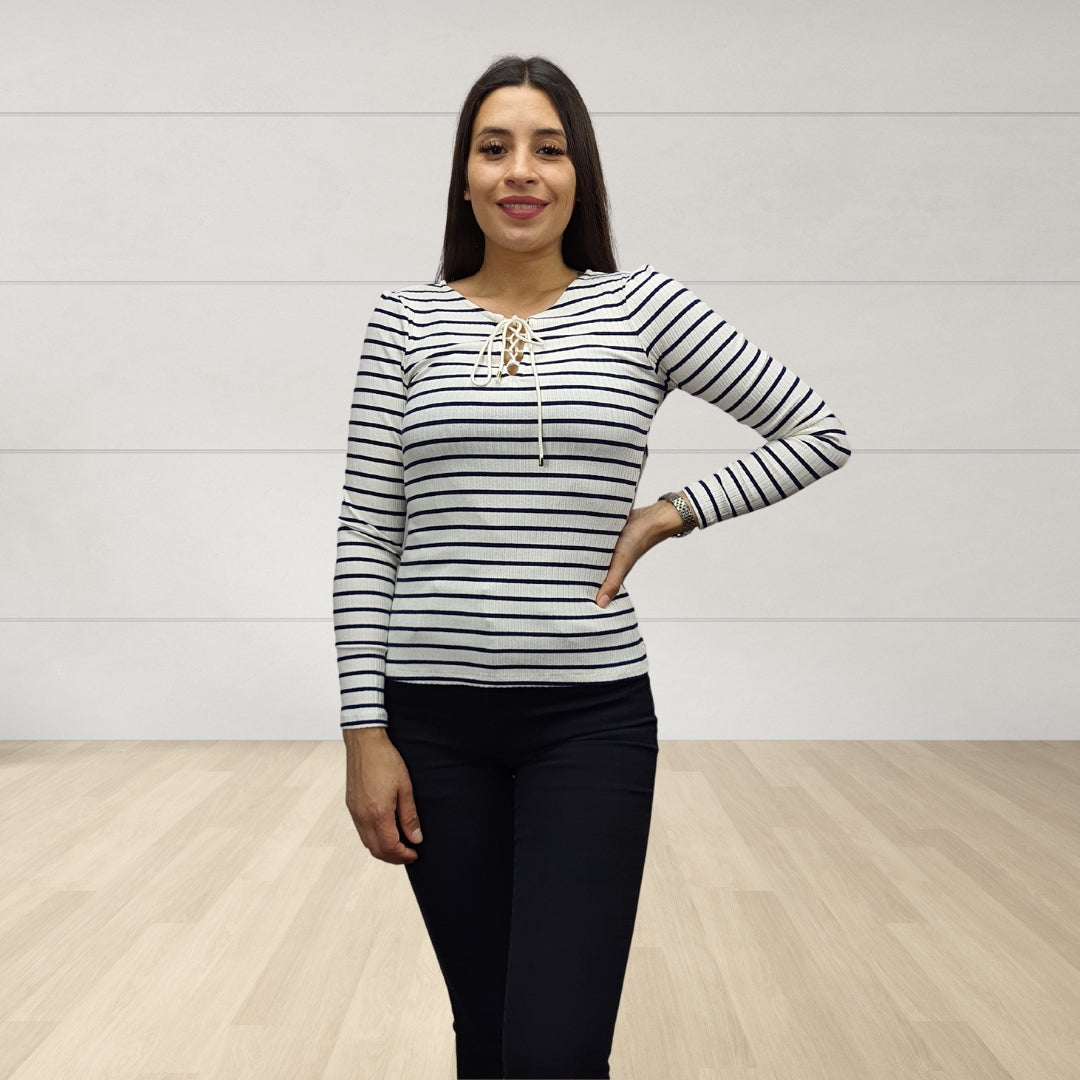 Polera Vero Moda Blanco Style AMMI STRIPE L/S TOP(EL)