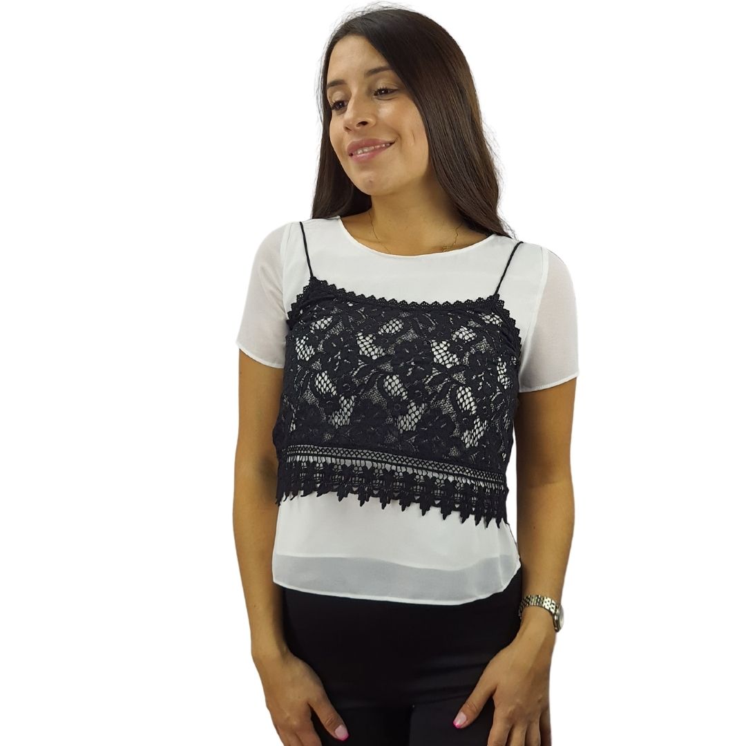 Polera Vero moda Blanco y Negro Style PORTER S/S TOP SET(HH)