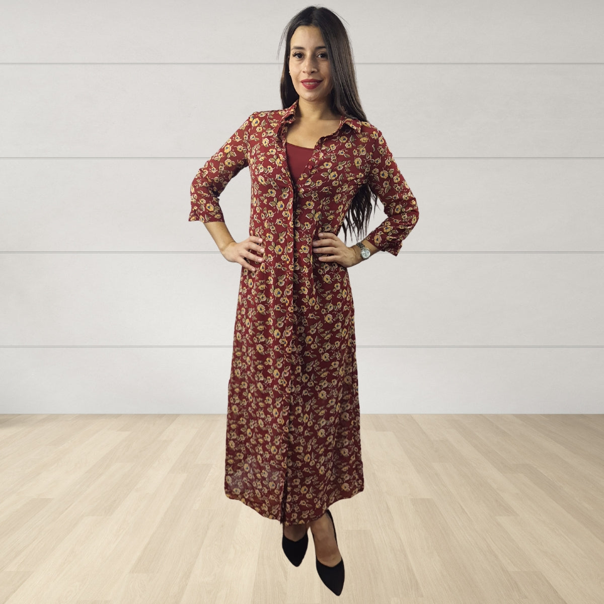 Vestido Vero Moda Burdeo Style RETAIL LI 3/4 LONG SHIRT SET(HH)