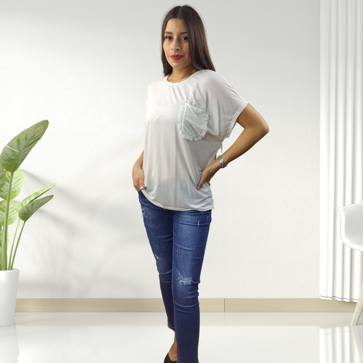 Polera Vero Moda Blanco Style ANJA FRILL S/S JERSEY TOP(HOMEWEAR)