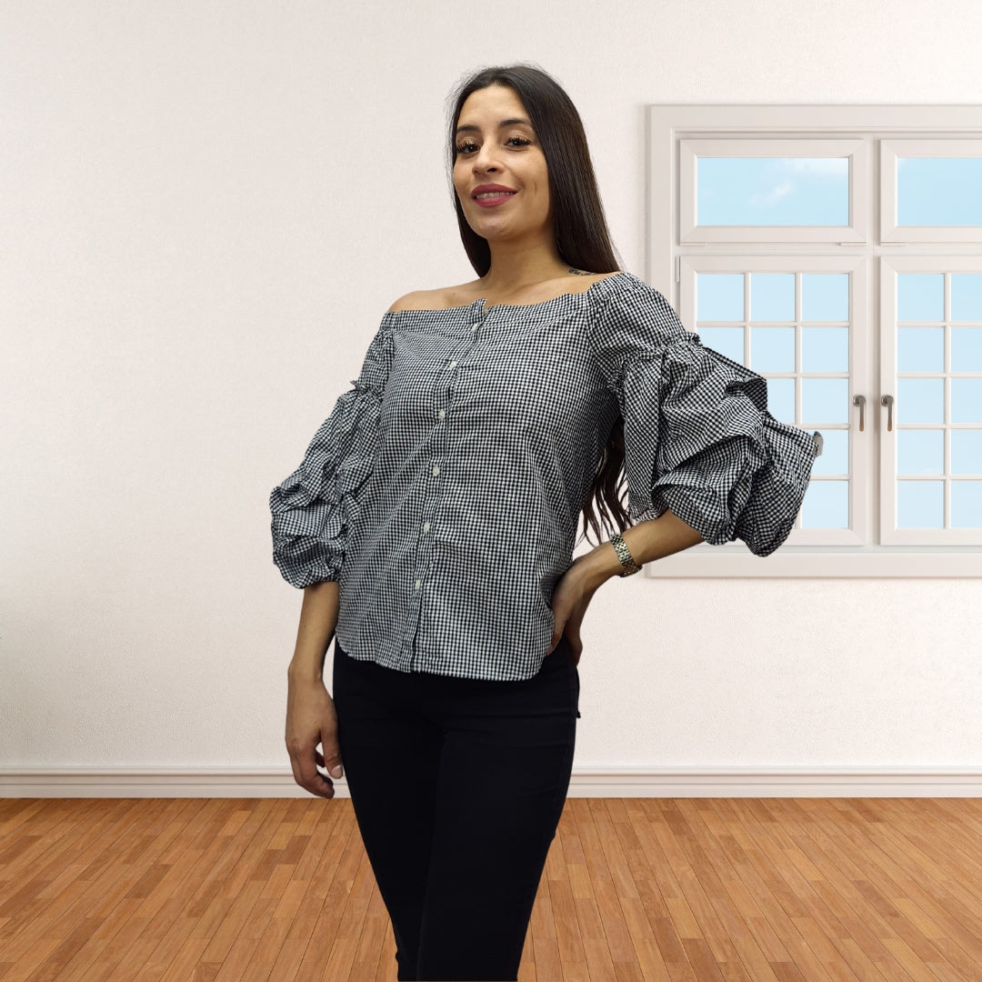 Blusa Vero Moda Negro Style QUEENIE TARTAN 3/4 SHIRT(FL)