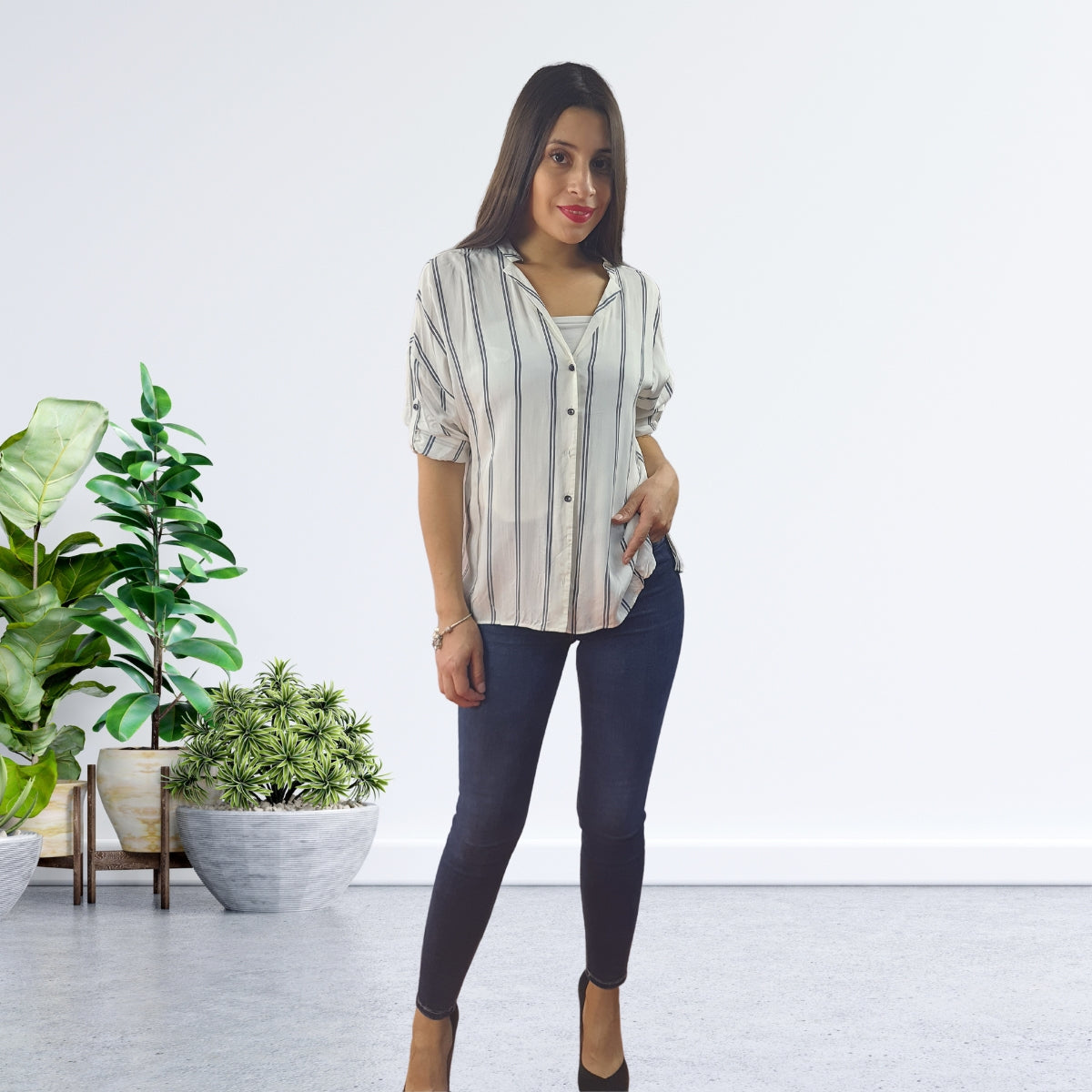 Blusa Vero Moda Blanco y Gris Style TINA 3/4 SHIRT SET(TP)