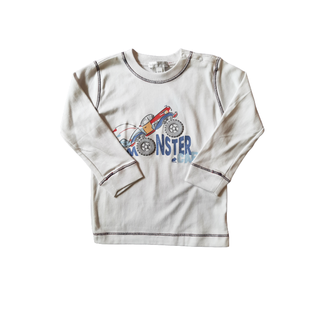 Polera Babycottons T-Shirt Monster Cars ML Pima Bco/Azul