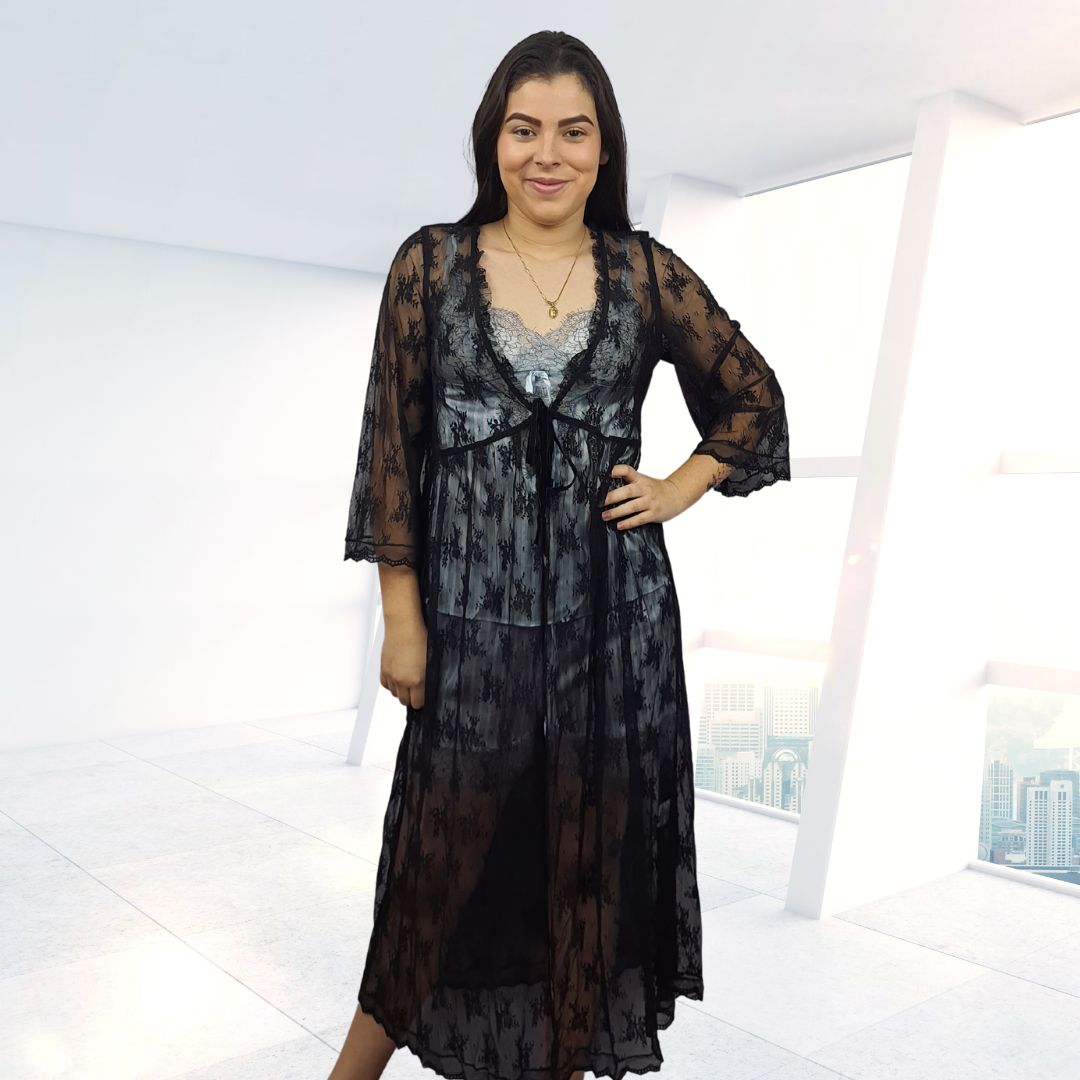 Bata de Pijama Vero Moda Negro Style WINDY 3/4 ROBE(HOMEWEAR)