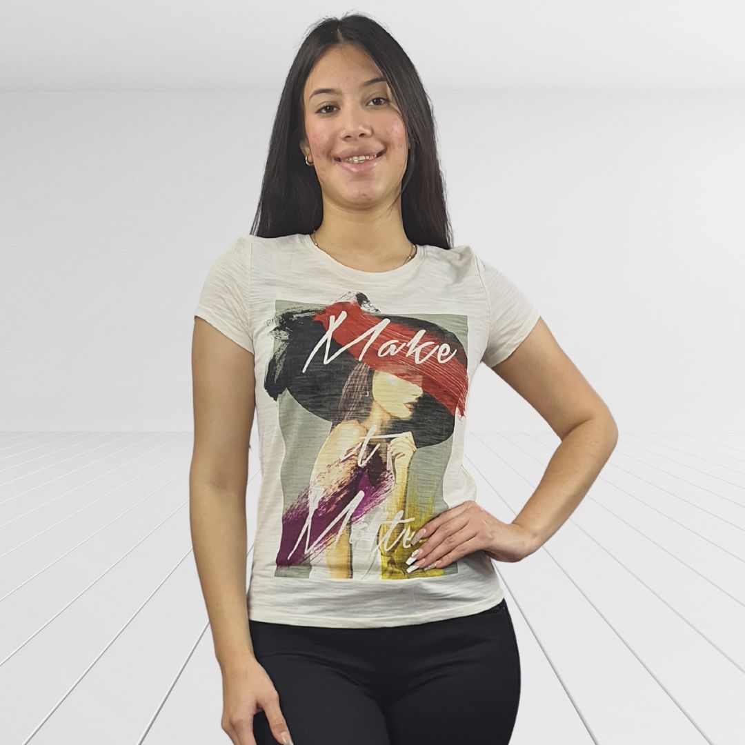 Polera Vero Moda Beige Style PAINT H S/S TOP(EL)