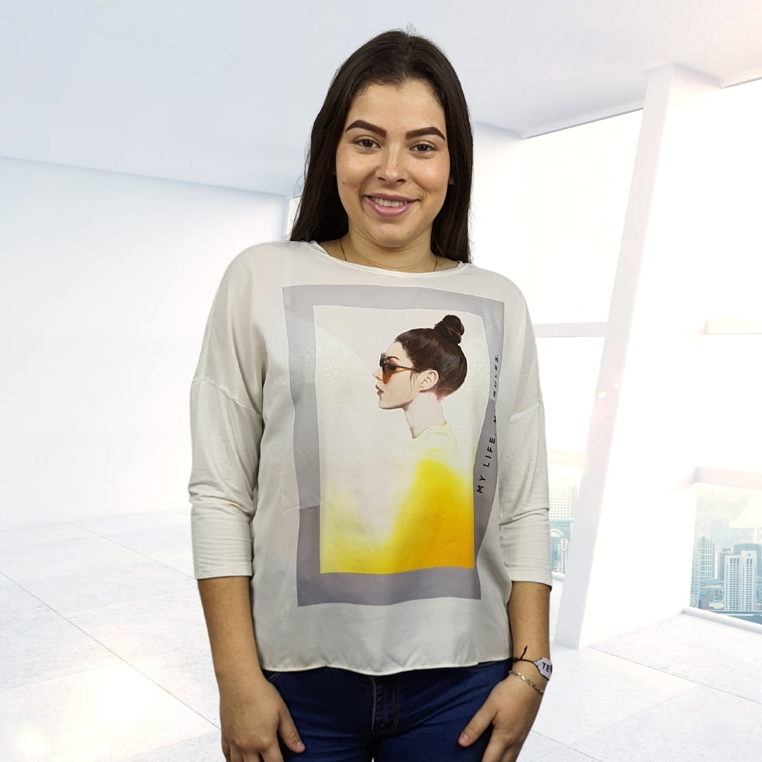 Polera Vero Moda Beige Style GUDRUN 3/4 TOP(FL)