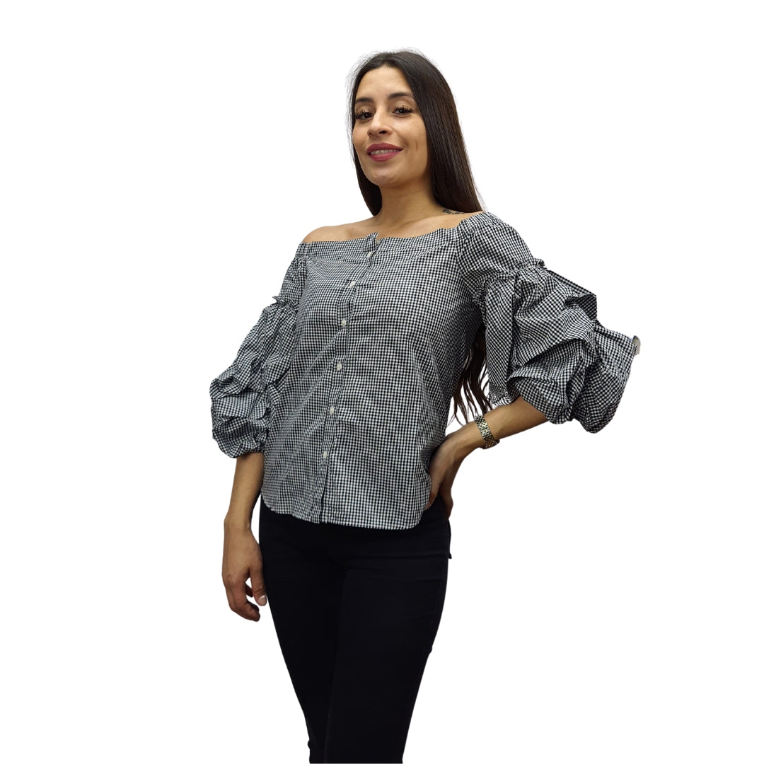 Blusa Vero Moda Negro Style QUEENIE TARTAN 3/4 SHIRT(FL)