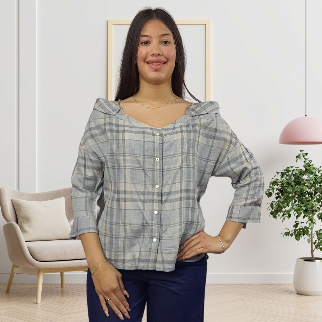 Blusa Vero Moda Gris Style KENDY 3/4 TARTAN SHIRT(AL)