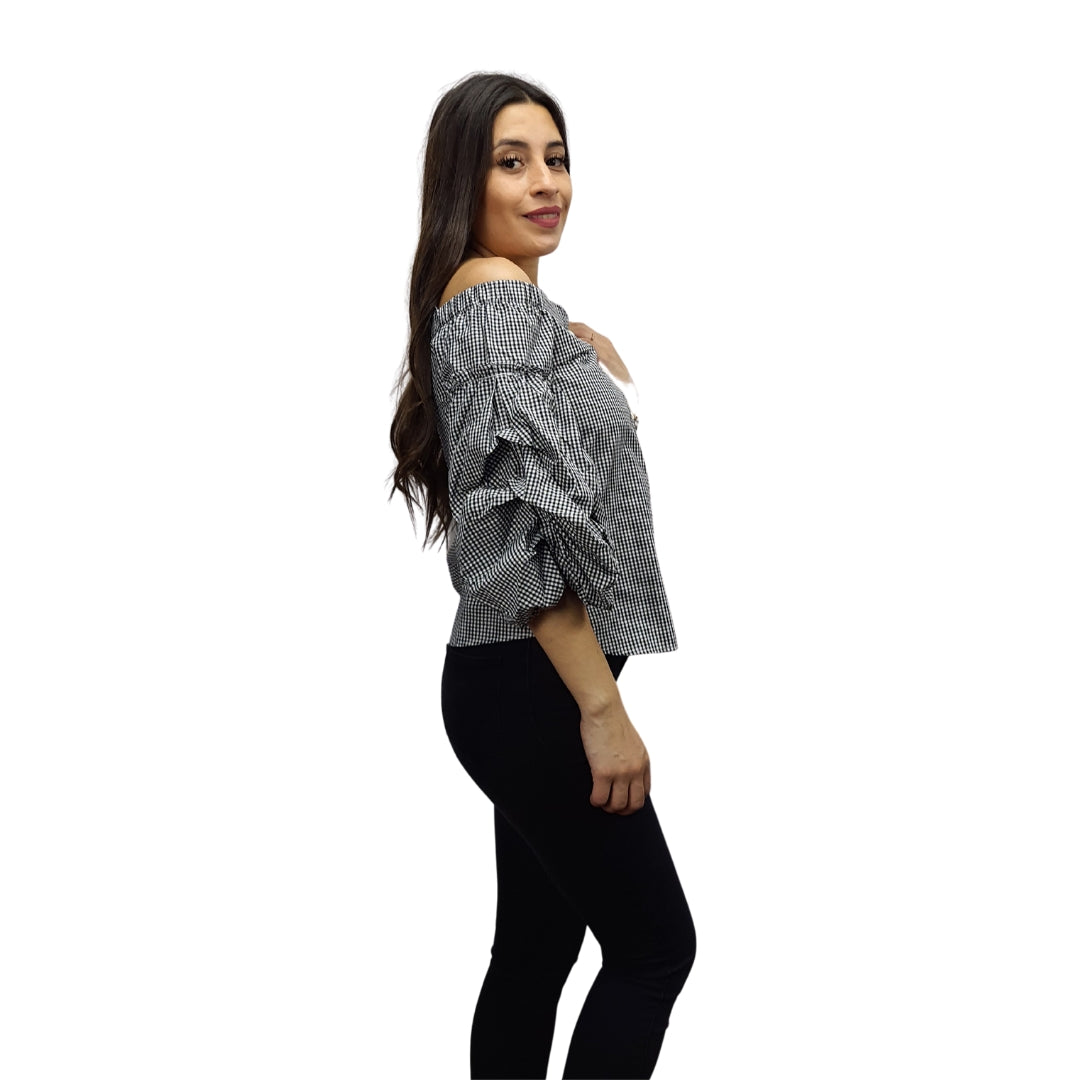 Blusa Vero Moda Negro Style QUEENIE TARTAN 3/4 SHIRT(FL)