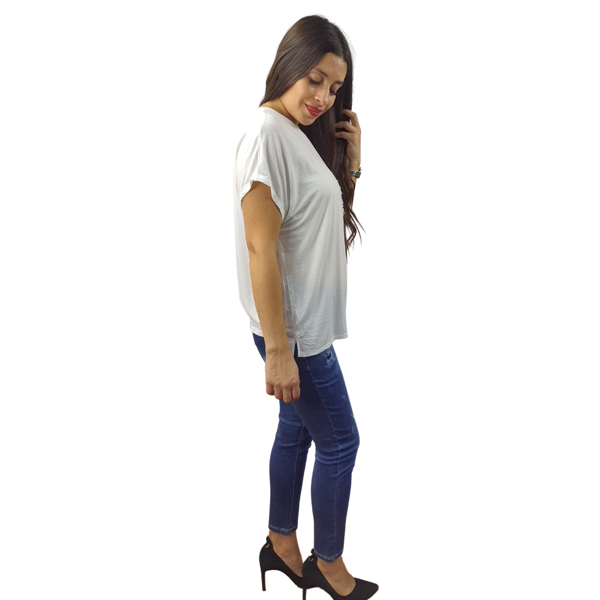 Polera Vero Moda Blanco Style ANJA FRILL S/S JERSEY TOP(HOMEWEAR)