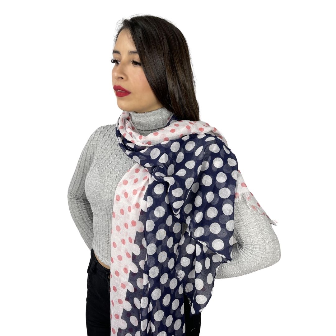Bufanda Isaac Mizrahi Polka Dot Marfil Y Azul Con Pepas Rosadas Icl4921P09