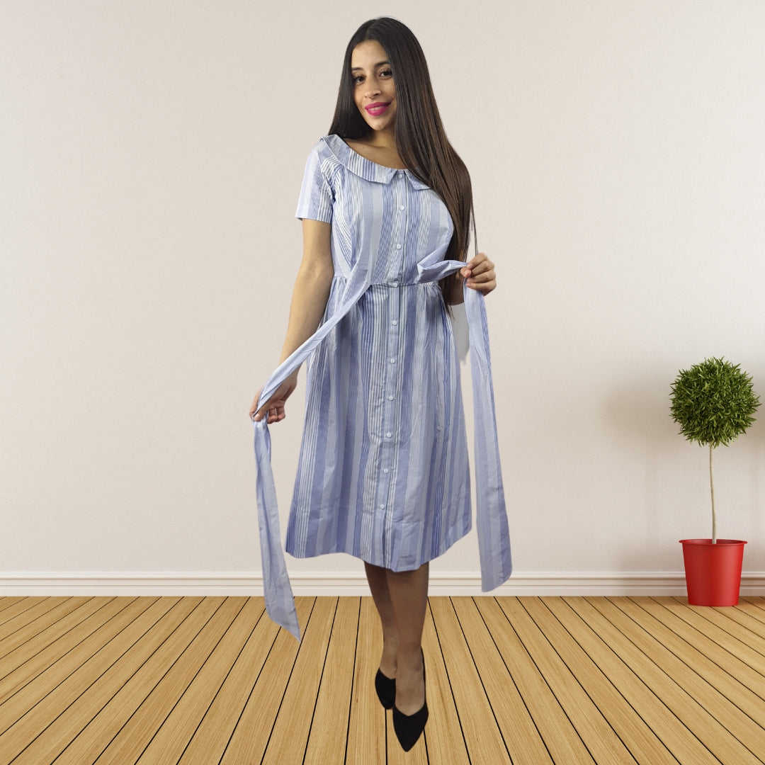 Vestido Vero Moda Azul Claro Style TINA STRIPE S/S SHIRT DRESS(VMC-SL)