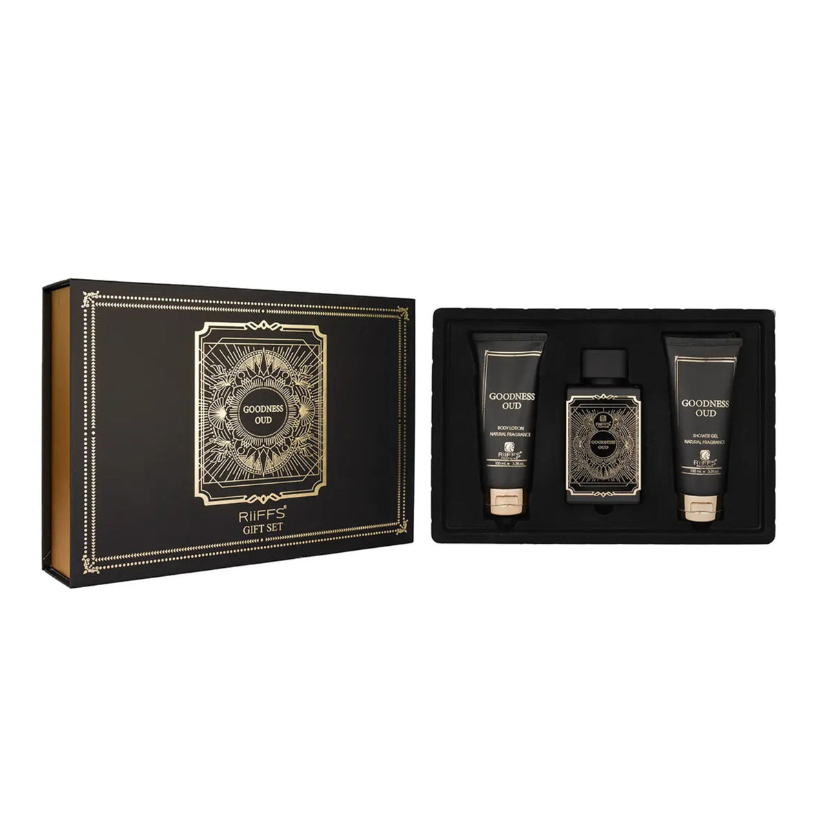 Estuche Goodness Oud Riiffs Parfum 100 ML +S/G 100ML +B/L 100ML Unisex