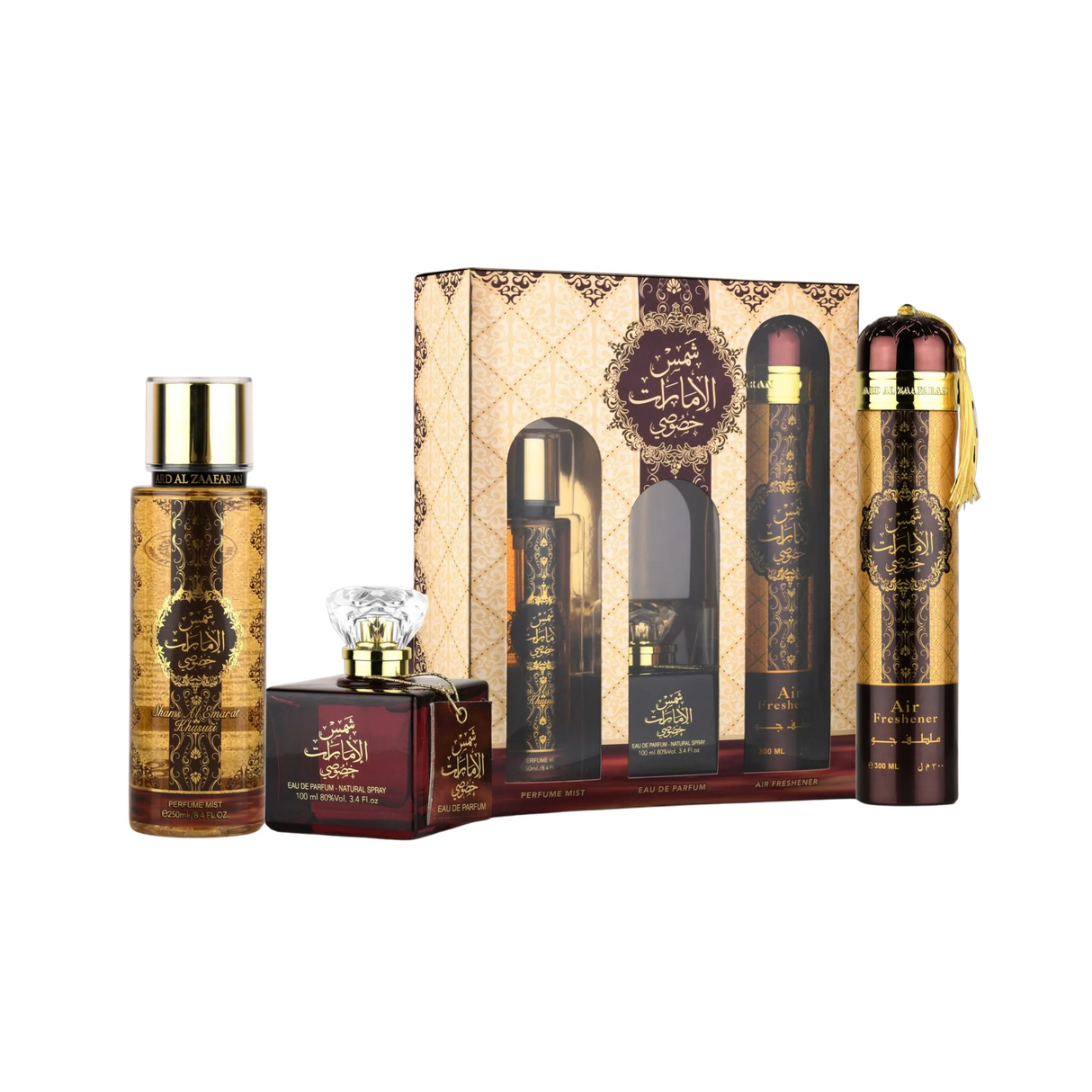 Estuche Shams Al Emarat Khususi Collection Ard Al Zaafaran  Edp 100Ml + 250Ml Perfume Mist + 300Ml