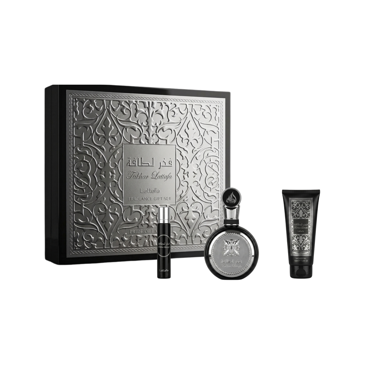 Estuche Fakhar Silver Lattafa Edp 100Ml + 12Ml + S/G 100Ml Hombre