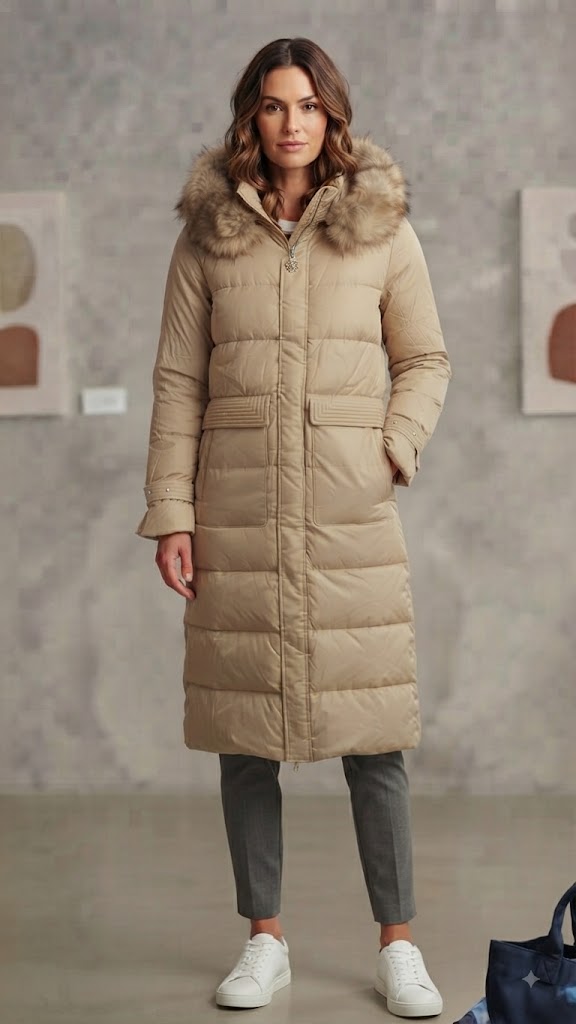 Parka Larga Acolchada Beige para Mujer con Capucha y Pelo Sintético 8200