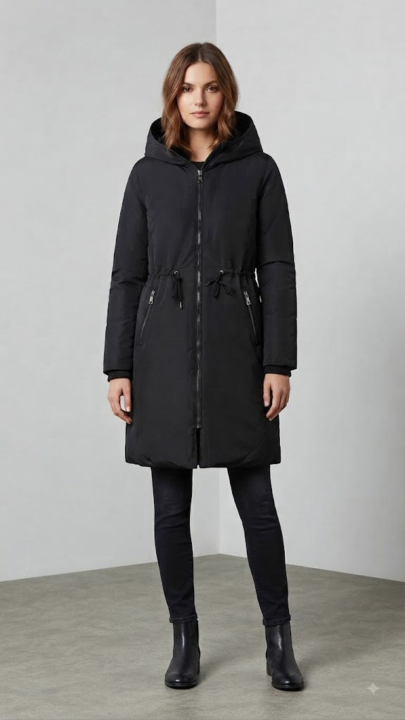 Parka Larga Acolchada Negra para Mujer con Capucha y Pelo Sintético 5276
