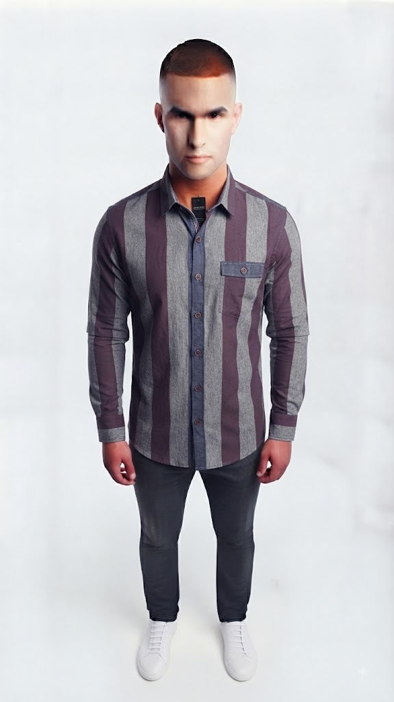 Camisa Casual de Rayas a Color (Gris, Azul y Burdeos) 5022
