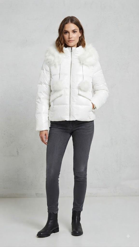 Chaqueta Acolchada Blanca para Mujer con Capucha y Pelo Sintético 2735