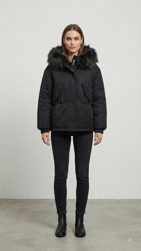 Parka Corta Acolchada Negra para Mujer con Capucha y Pelo Sintético 8248