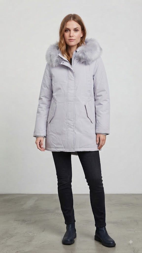 Chaqueta Parka Acolchada con Capucha y Pelo Sintético Gris Claro Mujer 0876