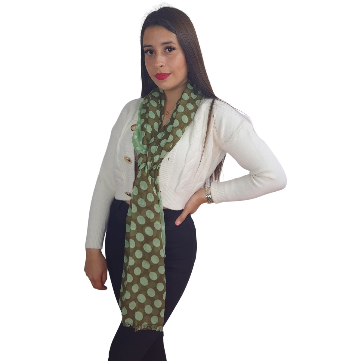 Bufanda Isaac Mizrahi Polka Dot Verde, Marron Y Pepas Blancas Icl4921P07