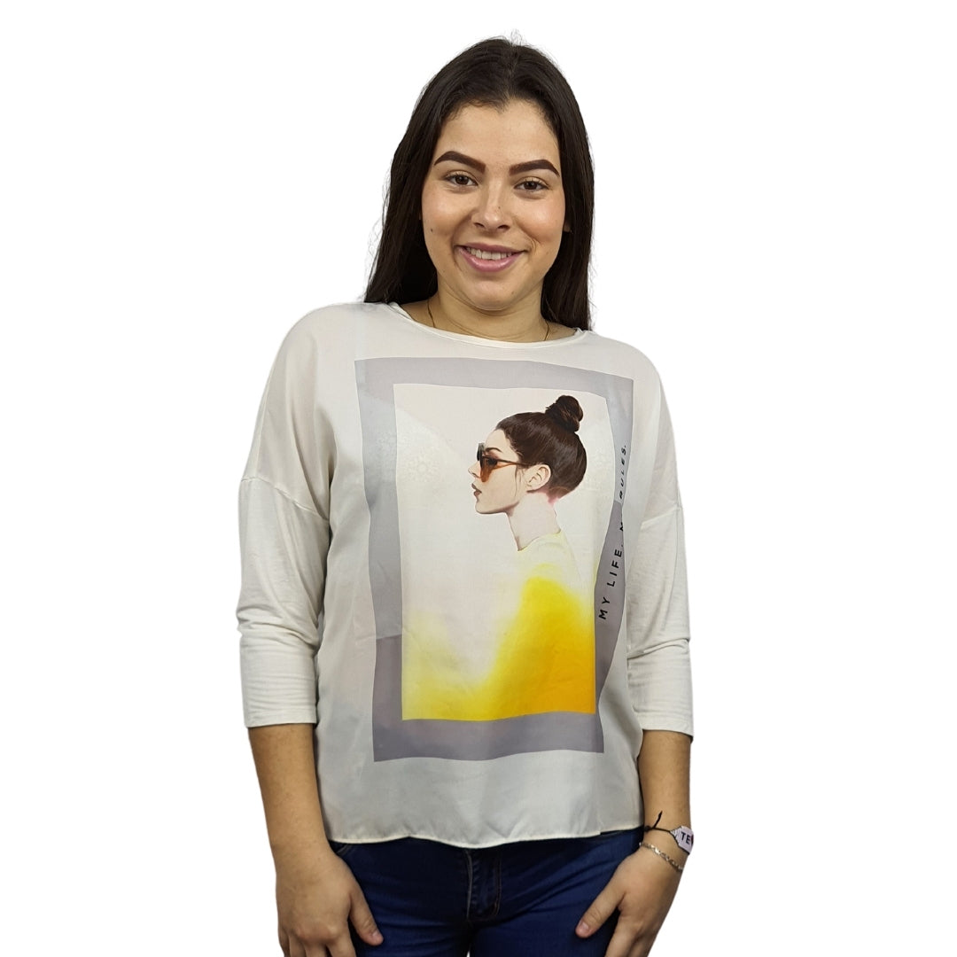 Polera Vero Moda Beige Style GUDRUN 3/4 TOP(FL)