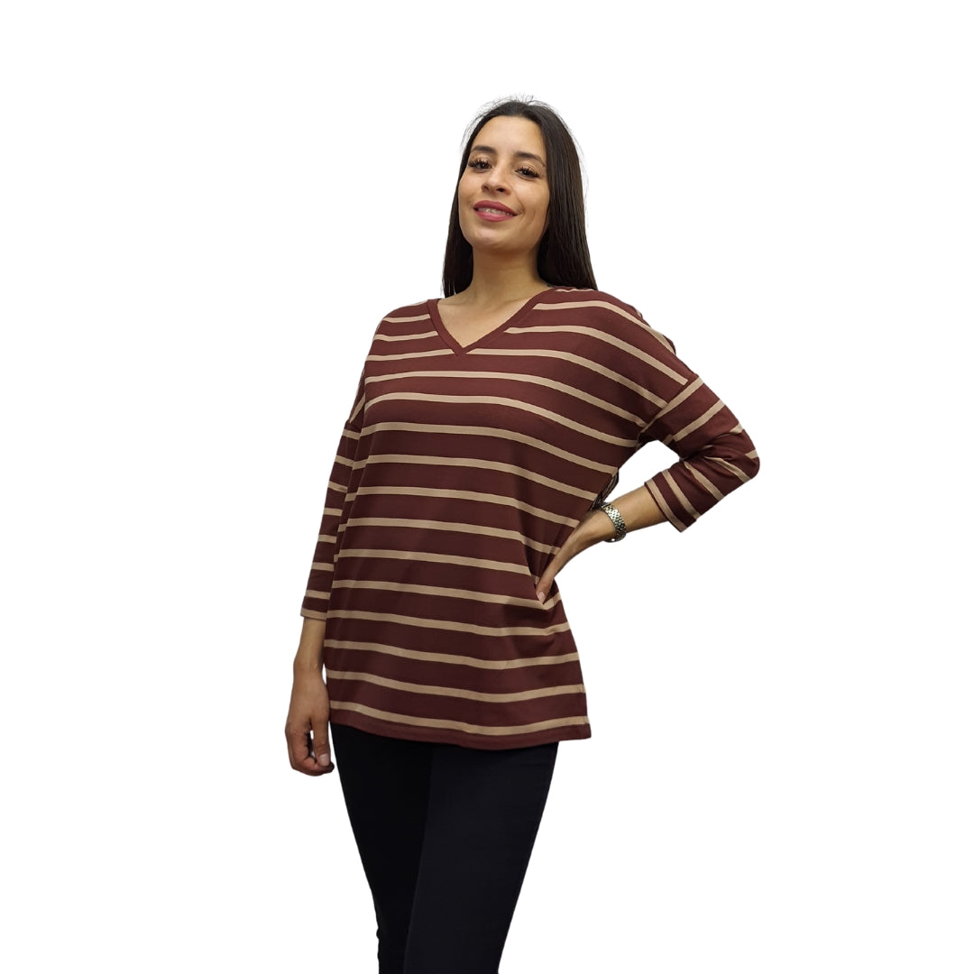 Polera Vero Moda Marron Style CASUAL 3/4 V NECK TOP(TP)