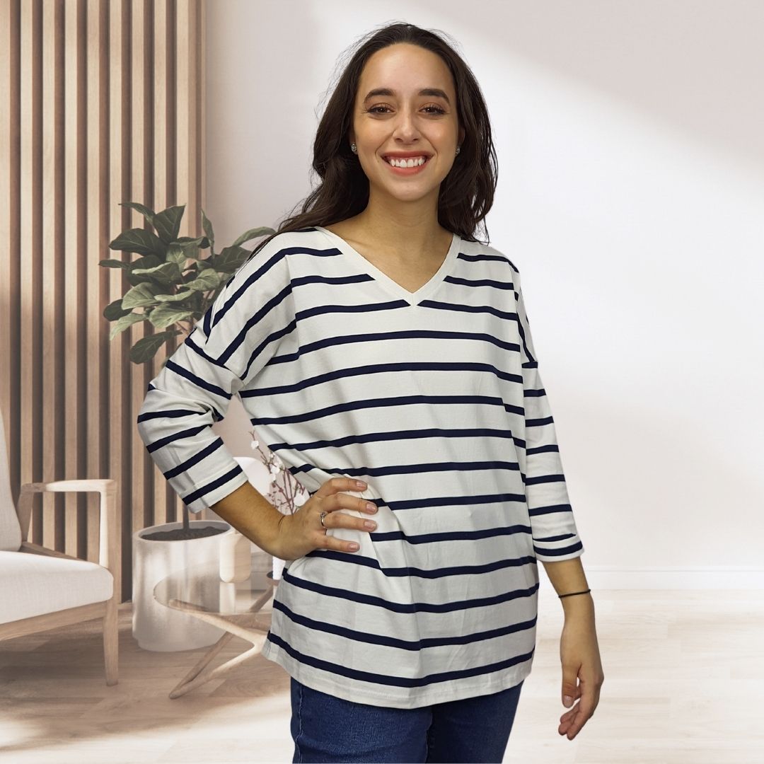 Blusa Vero Moda Blanco y Negro  Style CASUAL 3/4 V NECK TOP(TP)
