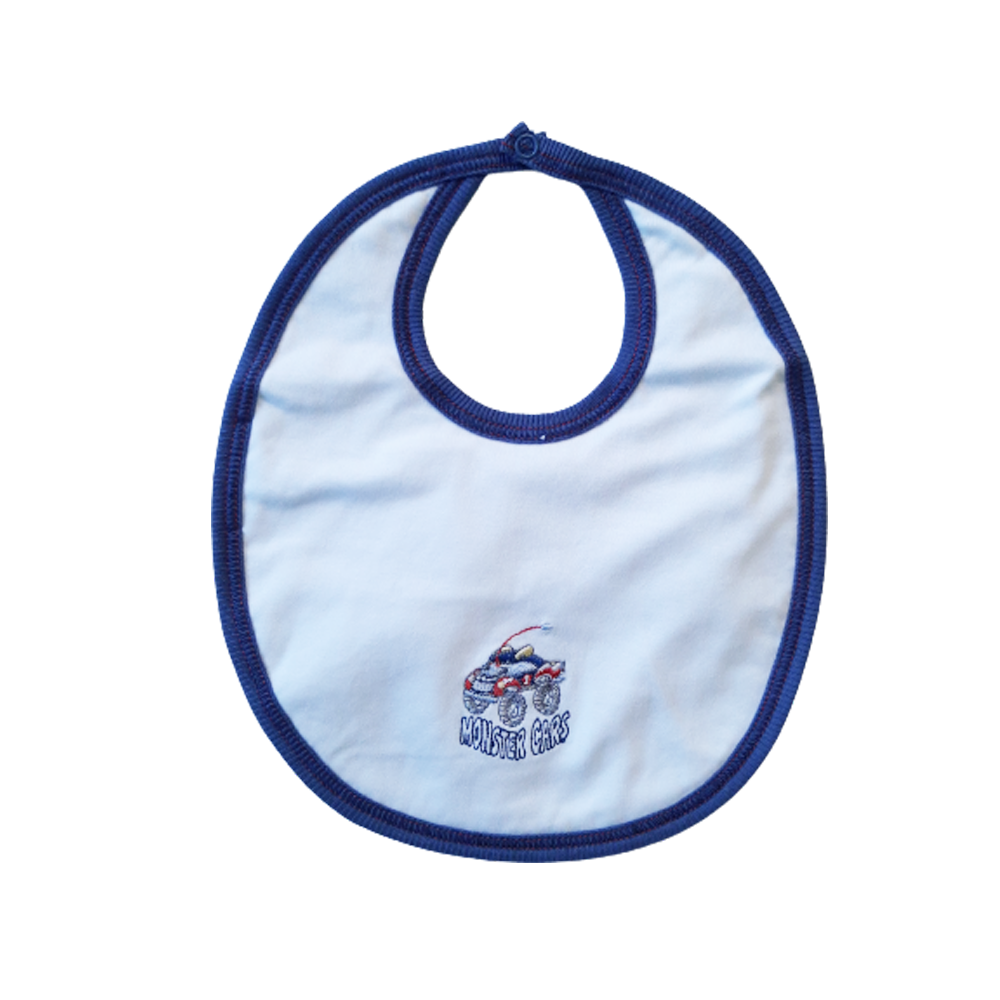 Babero Babycottons Comer Monster Cars Blanco Azul