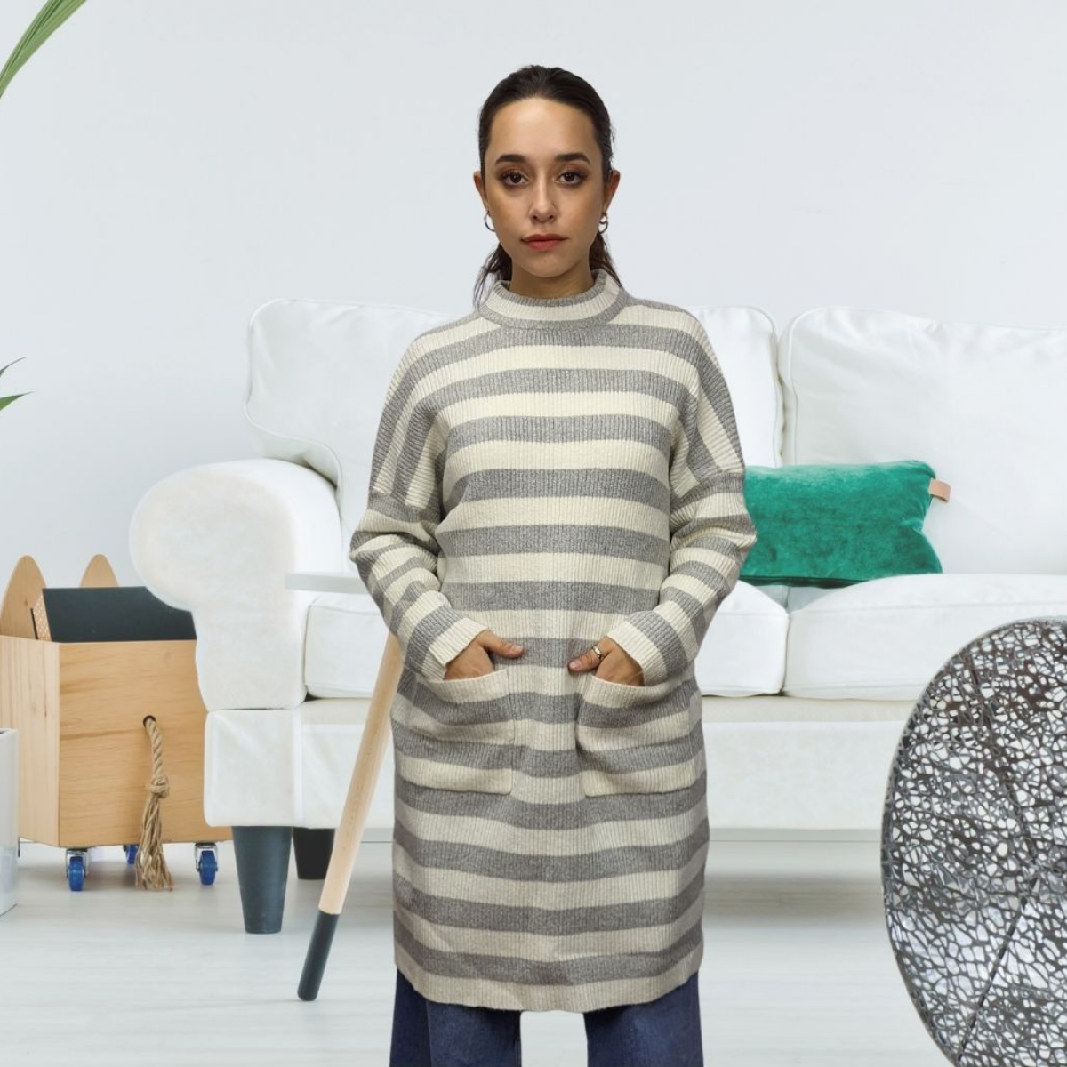 Vestido Vero Moda Blanco y Gris  Style KATE 7/8 KNIT DRESS(PM-EC-2)