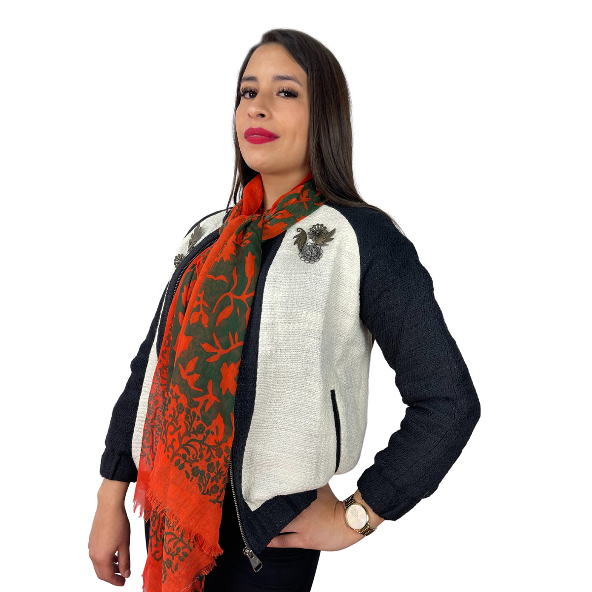 Bufanda Isaac Mizrahi Floral Mix Rojo Con Verde  Icl4920P48