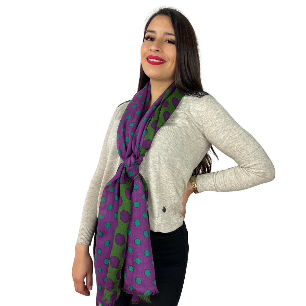 Bufanda Isaac Mizrahi Polka Dot Mix Morada Con Pepas Verde Icl492123