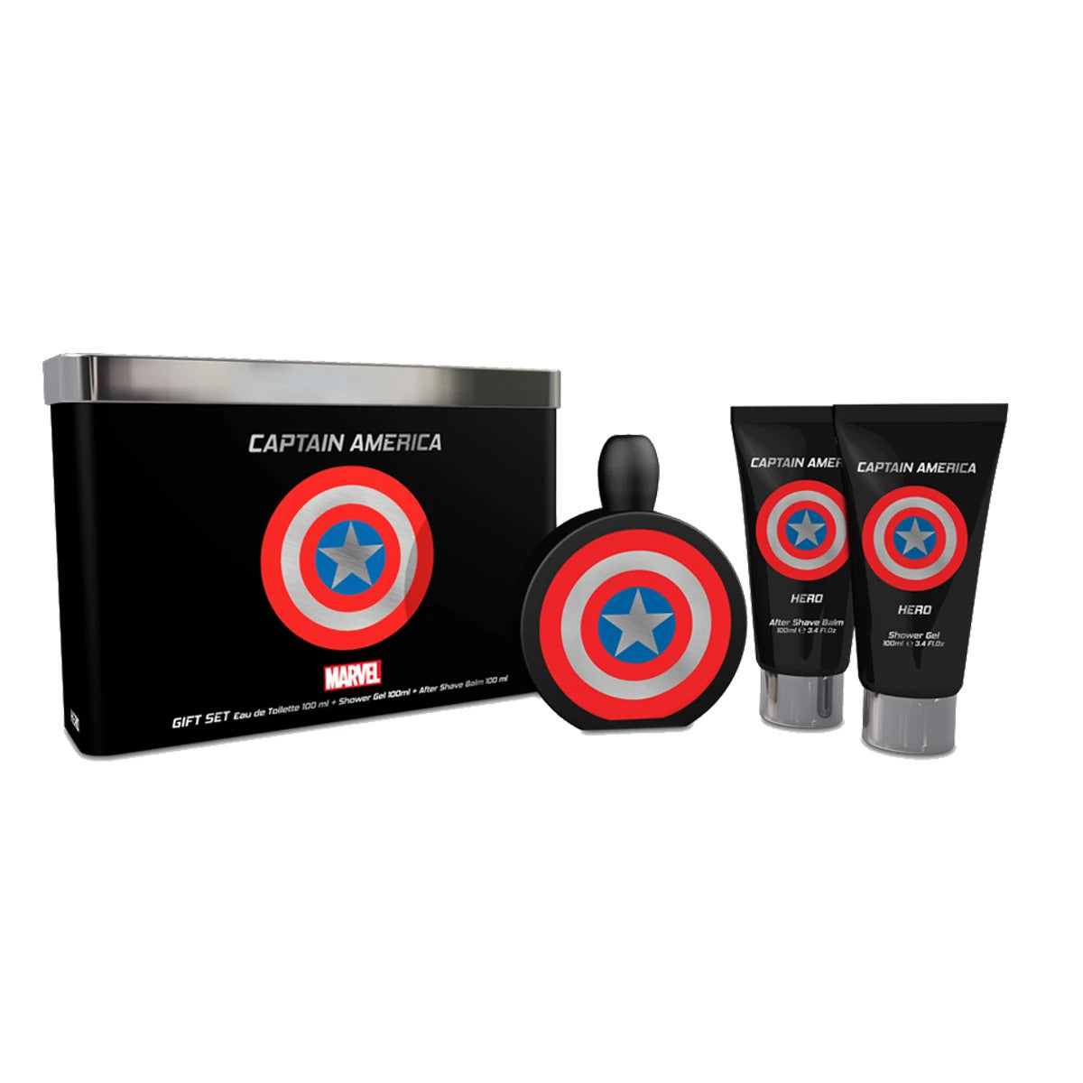 Marvel Captain America Hero M 3pc Tin Set 100ml EDT, 100ml SG, 100ml ASB .
