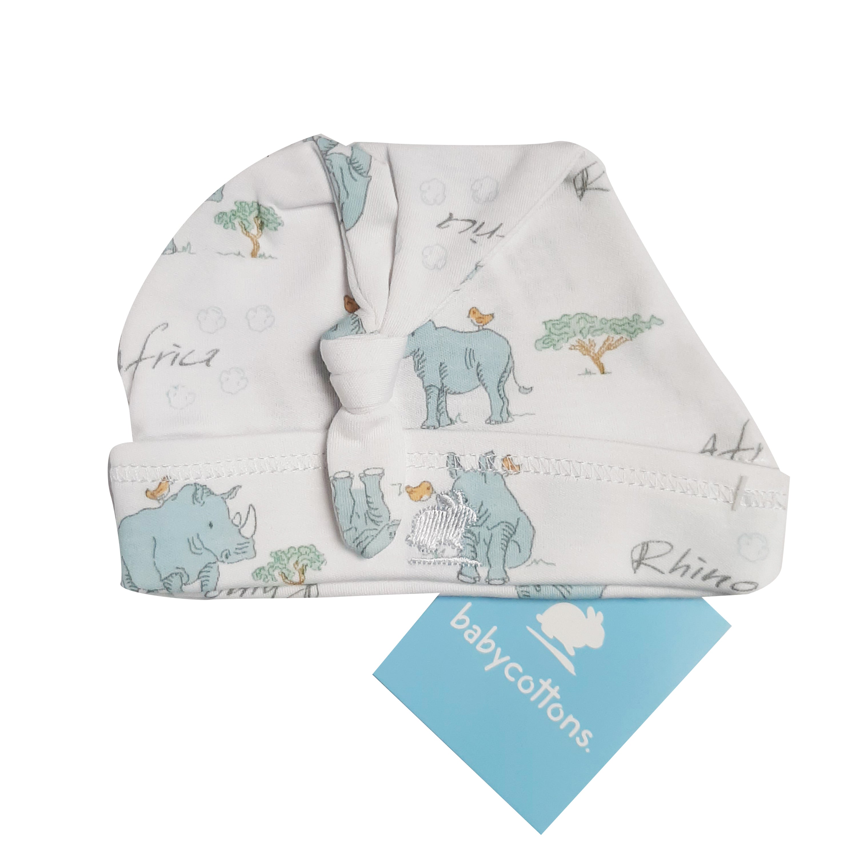 Gorro Babycottons C/nudo on Safari- Rhino Blaco-Celeste