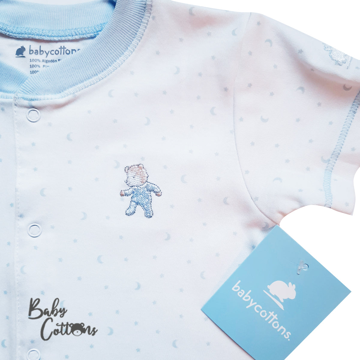 Pijama Babycottons Paticorto Dulce Sueño Blanco Azul Claro
