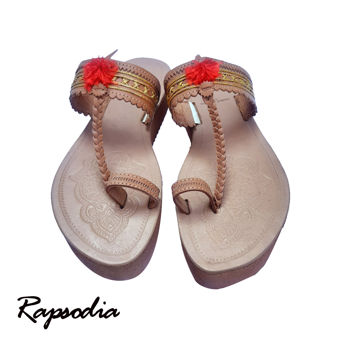 SANDALIAS RAPSODIA SPIRIT HIGH MARRON POMPO ROJO