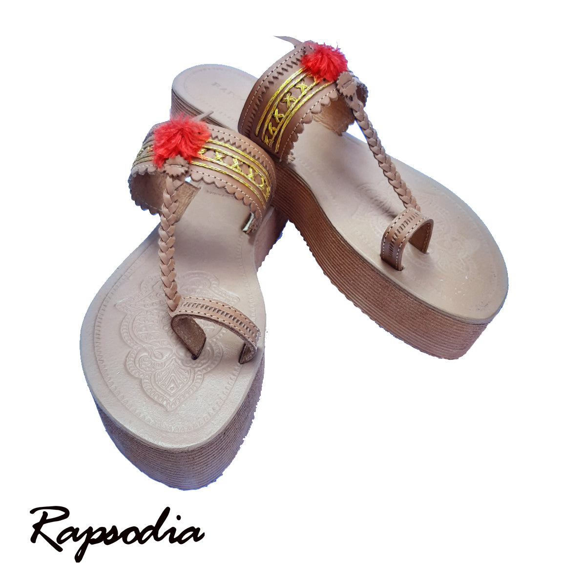 SANDALIAS RAPSODIA SPIRIT HIGH MARRON POMPO ROJO